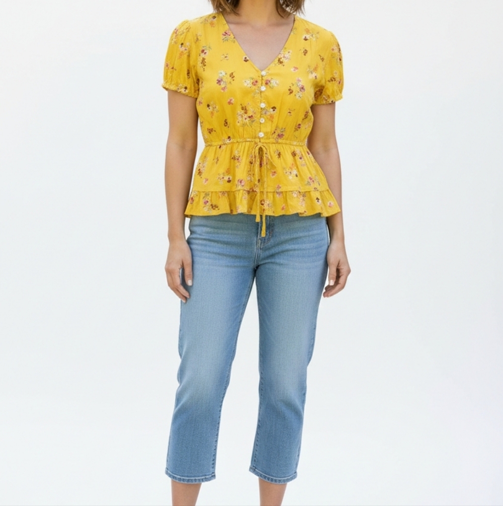 Derek Heart Yellow Floral V Neck Button Down Tie Babydoll Peplum Top Small